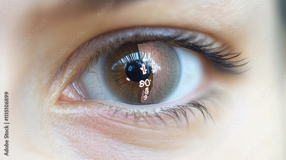 Poster close-up view of a human eye reflecting digital data and numbers, showcasing the connection between 