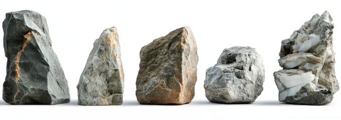 Five rough stones of various sizes and textures isolated on a white background.