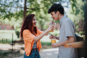 Two friends laughing and sharing drinks while enjoying a sunny day in the park. Perfect for...