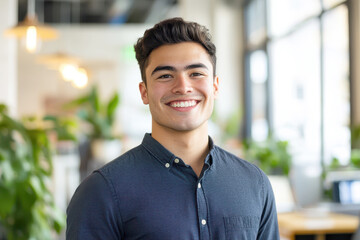 Obraz premium A young man with a warm smile stands confidently in a bright and modern office space