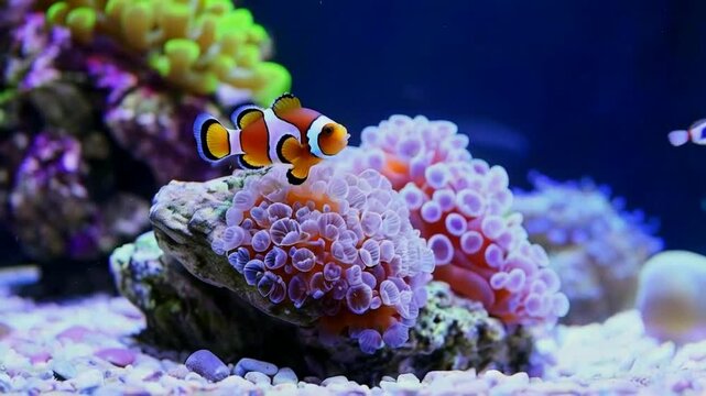 Sarcophyton glaucum move capitulum frag in strong water flow, healthy animal sit on live rock coquina stone, simple hardy species for marine aquarium beginners, blurred pair of ocellaris clownfish See