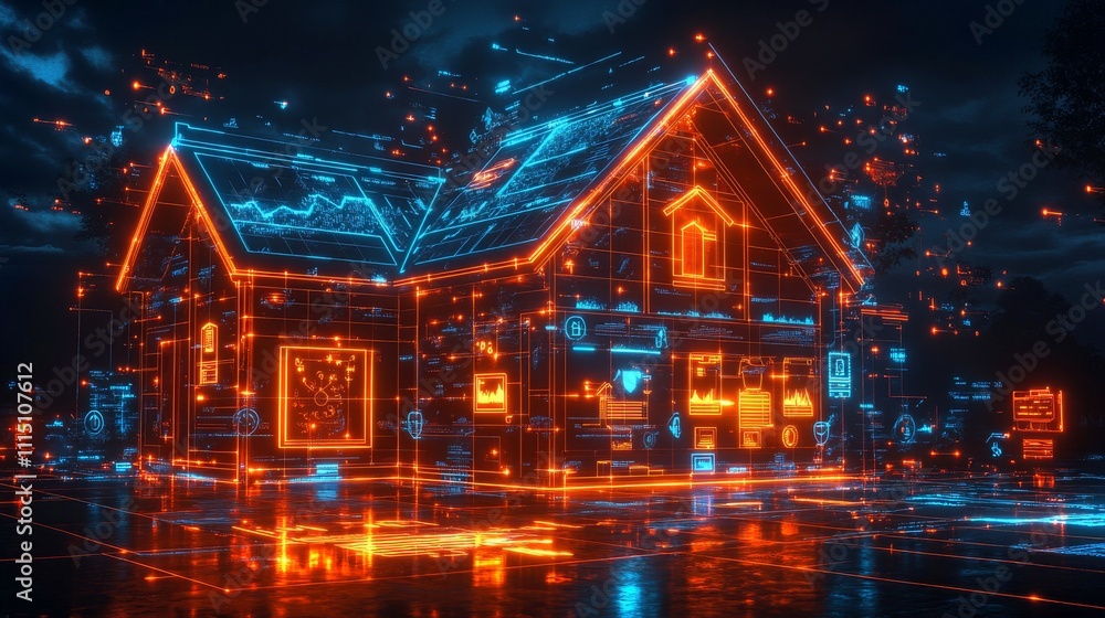 Poster futuristic holographic display showcasing a smart home environment with interactive features