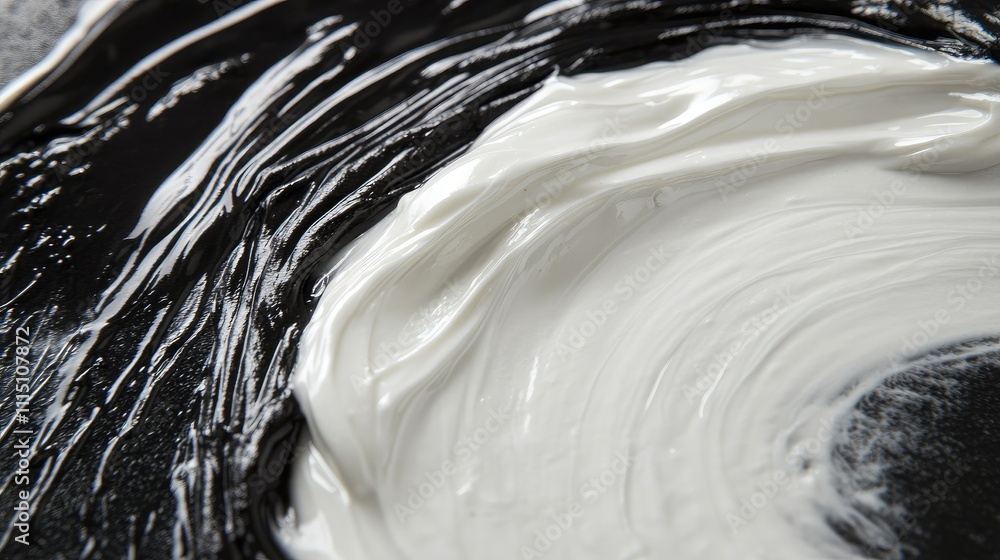 Aufkleber close-up of black and white paint blending together on a palette showing smooth texture and artistic