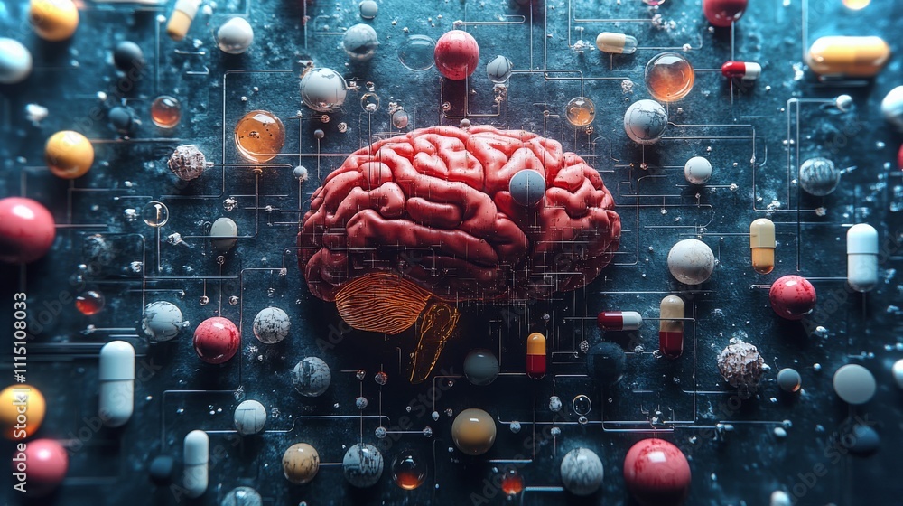 Poster chemical structures surrounding a brain symbolizing connection and intelligence in a digital world