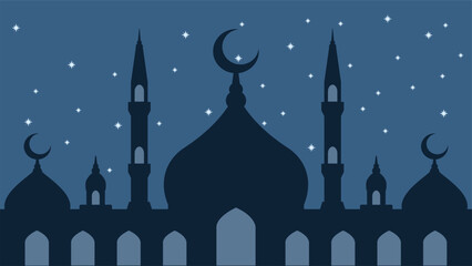 Landscape illustration of mosque silhouette in starry night sky