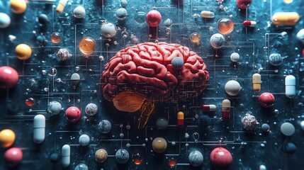 Chemical structures surrounding a brain symbolizing connection and intelligence in a digital world