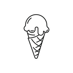 Ice cream big ball in wafer cone. vanilla, chocolate, sweet dessert sign. single fruit yogurt ice cream black line icon. Close vector illustration isolated on white