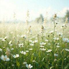 Whispering wind through a field of tall white flowers with delicate leaves and slender stems waving in the breeze , field, stems, white