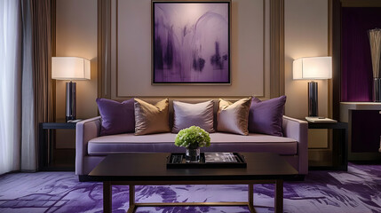 luxury hotel room with sofa, An ultra-realistic image of a modern living room featuring art deco style interior design