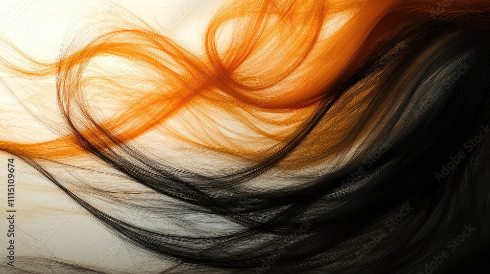 Poster flowing strands of black and orange hair creating an intriguing abstract design with soft light and 