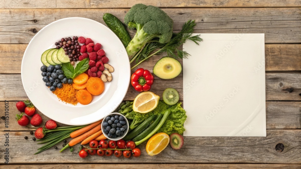 Poster vibrant fruits and vegetables are artfully arranged on a rustic wooden table alongside a blank sheet