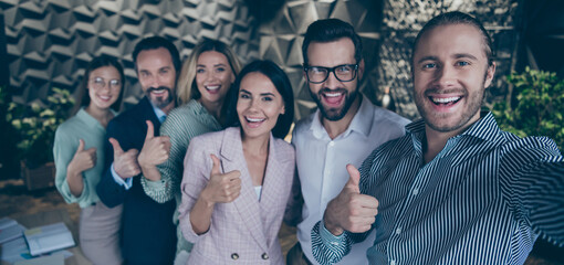 Photo of group business people six diversity members pause working process making selfies raise...