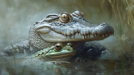 Obraz premium Unlikely Friends: Alligator and Frog in Misty Swamp