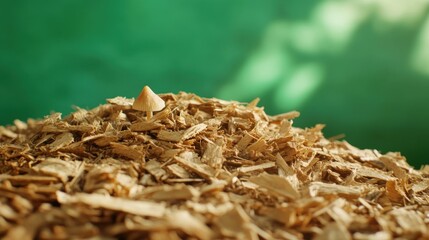 A Tiny Mushroom on Wood Chips Against a Green Background