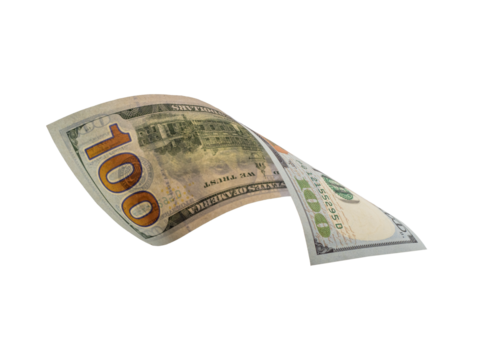flying money 100 dollar isolated with clipping path on background.