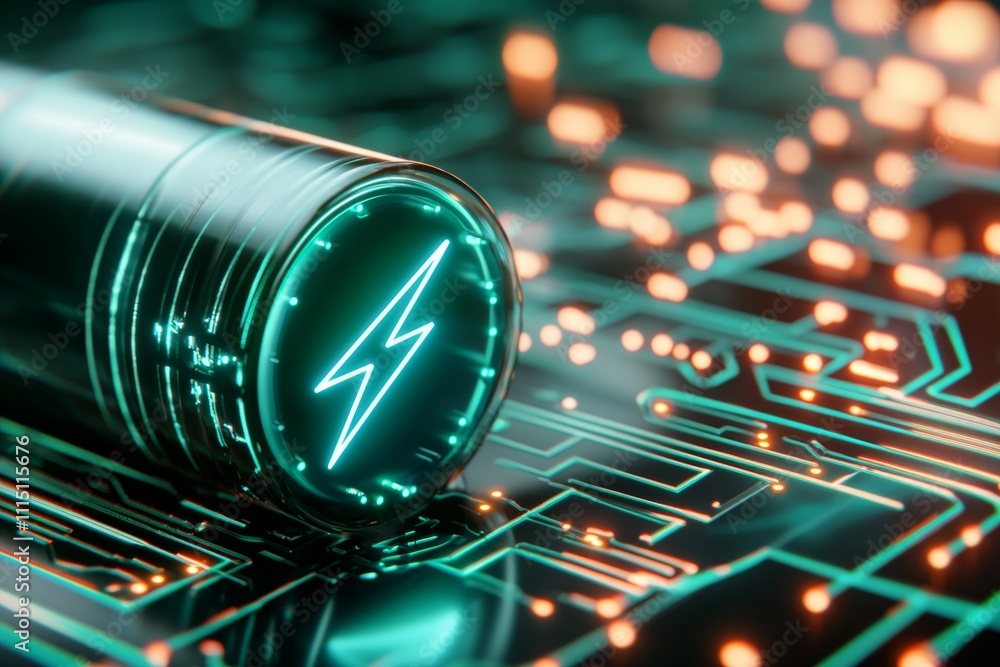 Poster a green object with a lightning bolt on it is on a circuit board