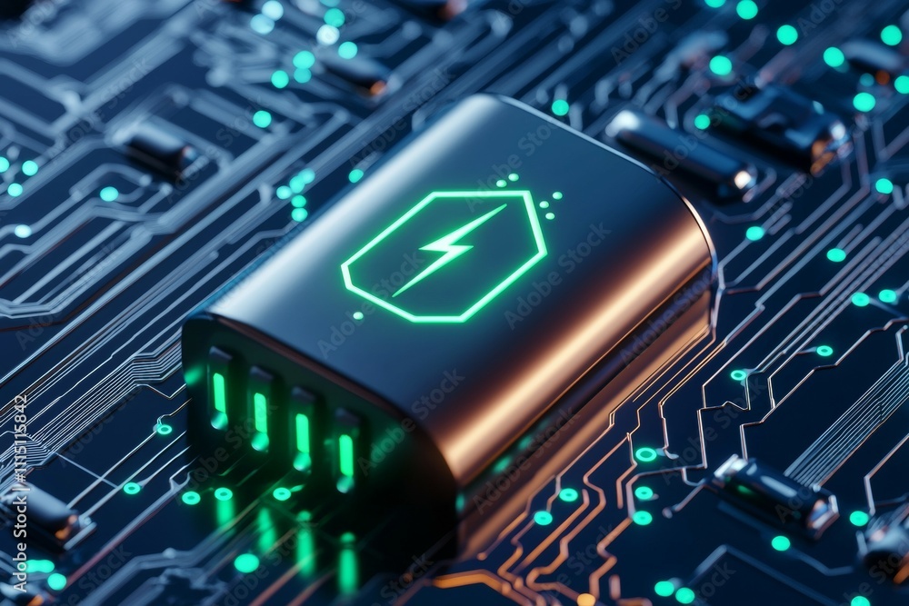 Poster a small device with a green light on it is sitting on a circuit board