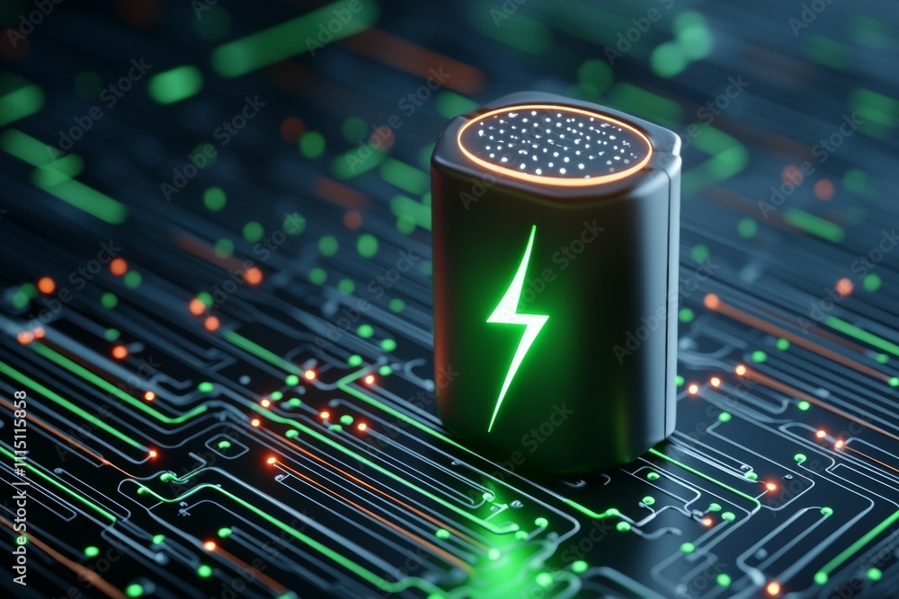 Poster a small green device with a lightning bolt on it sits on a black circuit board