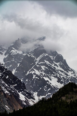 A snowy mountain with trees in the front and a cloudy sky