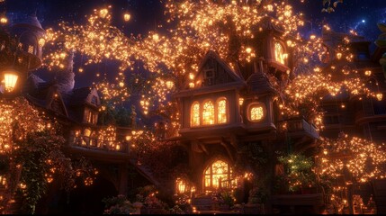A magical scene of a whimsical village illuminated by glowing light at night.