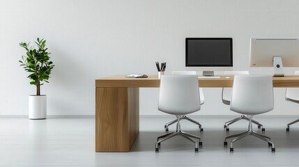 Executive desk in a bright office, only a desktop computer and notebook, Executive desk, simplicity in workspace