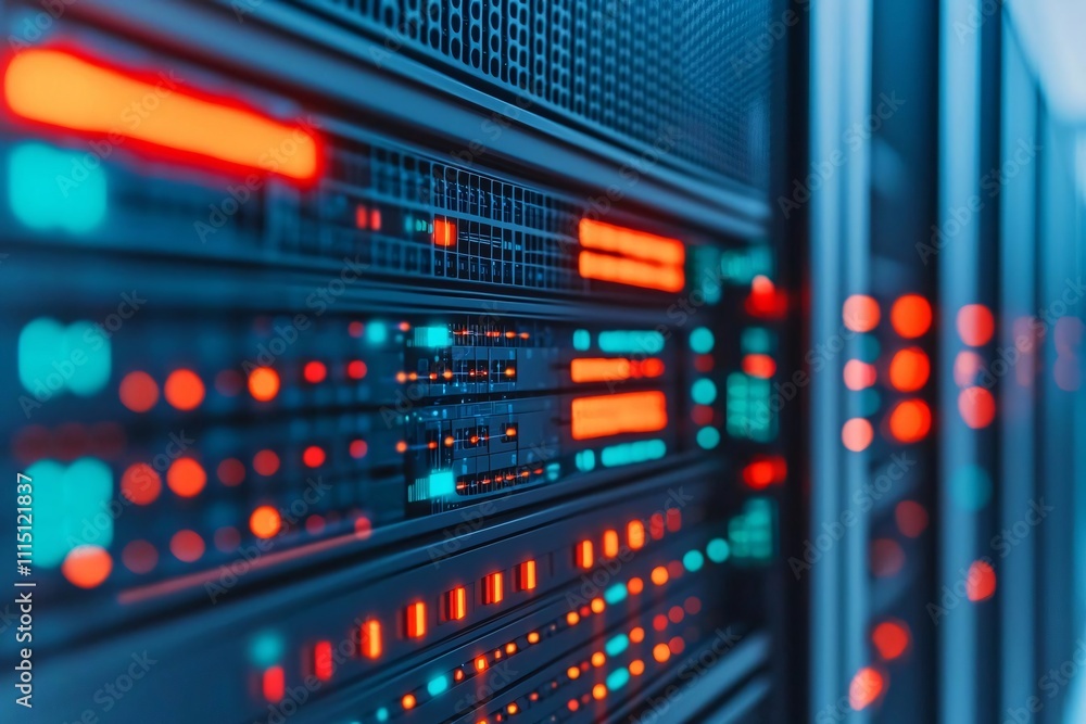 Poster data center operations technology infrastructure server rack management digital environment close-up