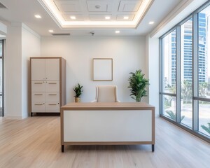 Fototapeta premium Bright, open executive office with a minimal desk and floortoceiling windows, Executive office, open space minimalism