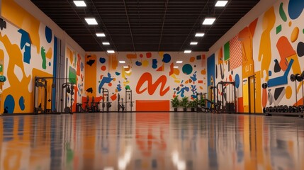 A vibrant gym interior featuring colorful murals and fitness equipment for workout sessions.