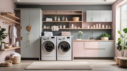  The interior of a contemporary laundry room including a wooden gray cabinet painted in pastel gray-
