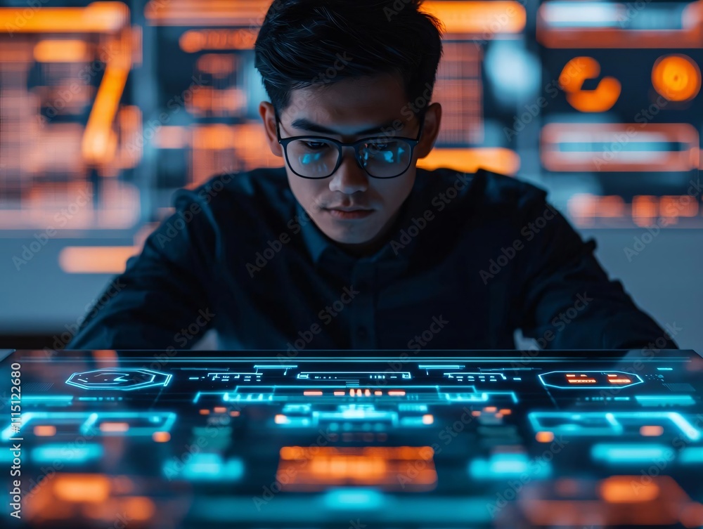 Poster analyzing digital interfaces technology insights modern workspace futuristic environment focused vie