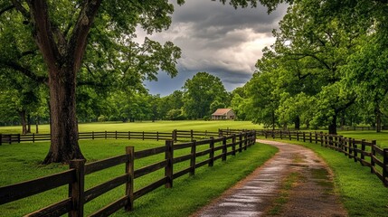 A serene landscape with a winding path, lush greenery, and a rustic fence under a cloudy sky.