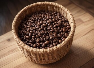 Fototapeta premium Coffee beans arranged in a wicker basket on a wooden table , kitchen, coffee shop