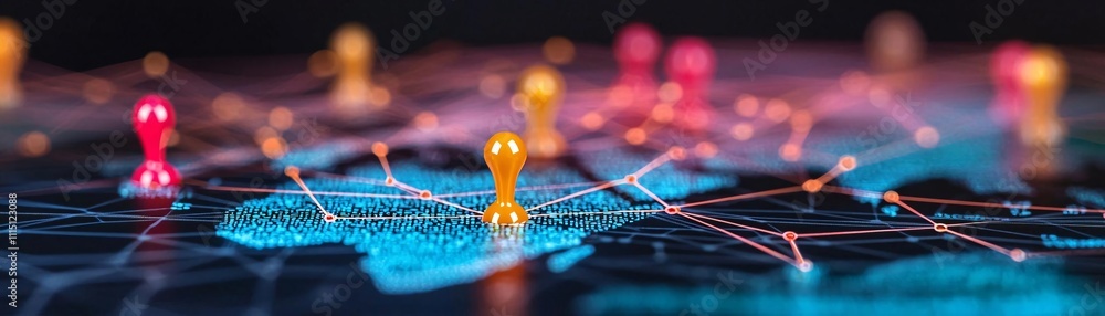 Poster mapping global connections networking action on digital world map technology environment macro view 