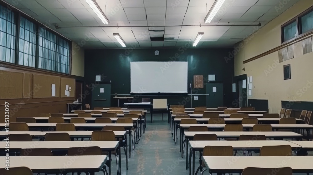 Poster a spacious, empty classroom with rows of desks facing a whiteboard, ready for learning.
