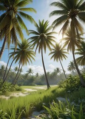 Coconut palms sway gently in the breeze amidst a sea of swaying rice plants, rice field, farm scenery