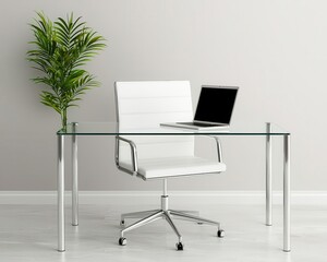 Fototapeta premium Minimalist glass executive desk, one sleek laptop and white chair, bright office environment, Executive desk, modern minimalism