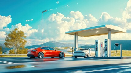 A hydrogen-powered car beside an electric car, both refueling at an innovative hybrid energy station
