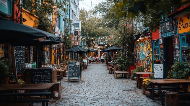 A vibrant solo travel destination in a bustling city, with narrow alleyways filled with colorful street art and hidden cafes, inviting exploration and cultural immersion 