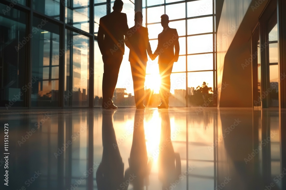 Poster three men are standing in a large room with a window in the background