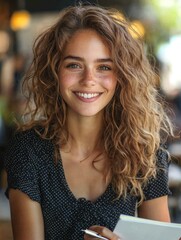 Fototapeta premium Young woman with curly hair smiling warmly, seated in a cafe with natural light, showcasing a joyful expression and casual style in a vibrant atmosphere