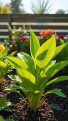 Obraz premium A beautiful green plant with large elliptical leaves grows in a sunny garden bed , garden decor , botanicals