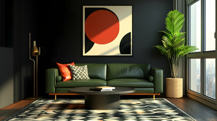 Round coffee table near green leather sofa against black wall with pattern art poster. Art deco style home interior design of modern living room, Generative AI