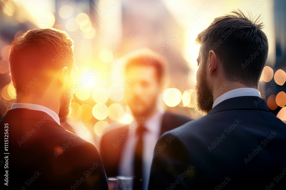 Poster three men in suits are standing in front of a building