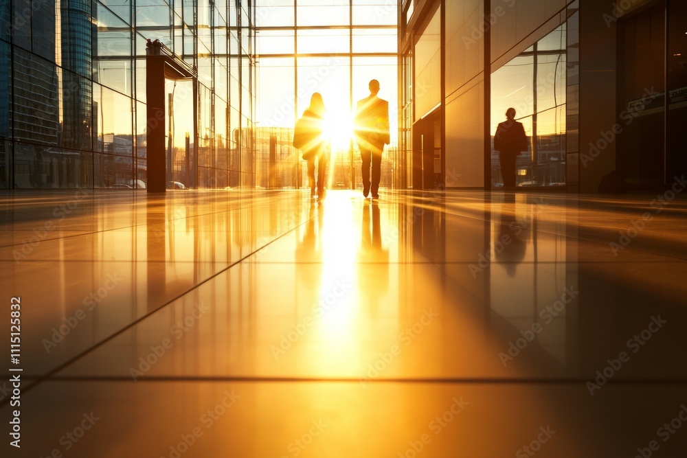 Poster a couple walking in a large, empty building with a sun shining through a window