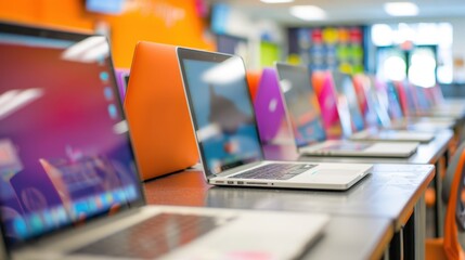 Technology Integration Classroom: A modern classroom with laptops or tablets for every student, charging stations, and Wi-Fi zones, ensuring tech access for all learning needs.
