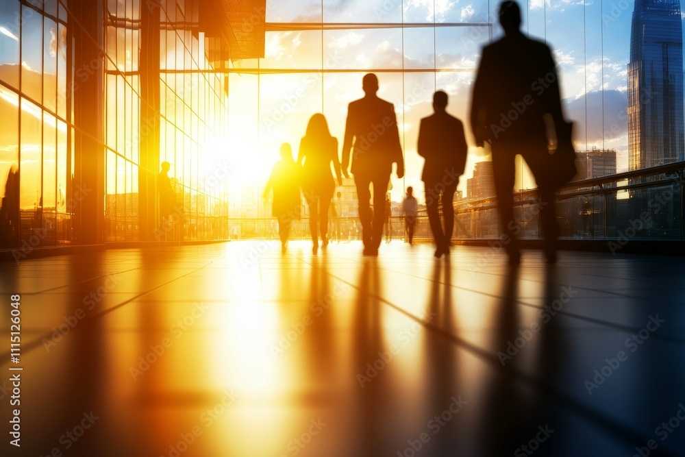 Poster a group of people walking in a building with a sunset in the background