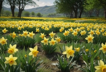Fototapeta premium Vibrant daffodils sway in the gentle spring breeze amidst a lush green field , daffodils, flowers, spring