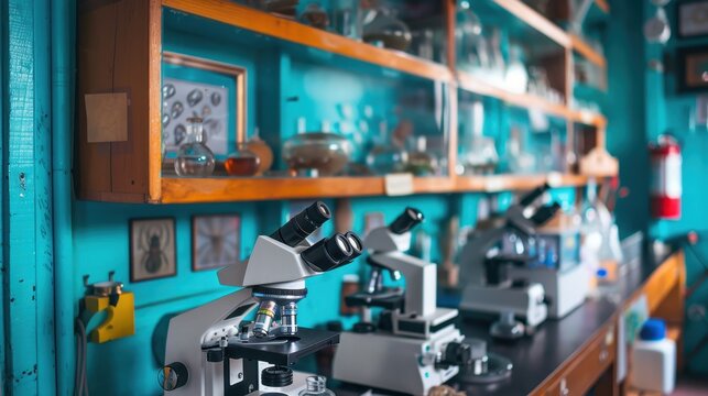 Science Exploration Lab: A well-equipped lab with microscopes, specimens, and essential tools, designed for hands-on experiments and science discovery.
