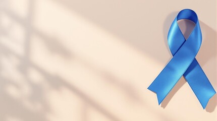 Colorectal Cancer Awareness Month (USA), blue awareness ribbon,  minimalistic design on beige background, copy space.