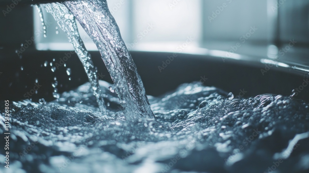 Poster water flows from a faucet into a basin, creating ripples and reflections.